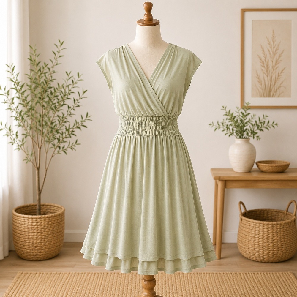 NWT Cupshe Mini Dress Womens Large Sage Green Smocked Waist V-Neck Cap Sleeve